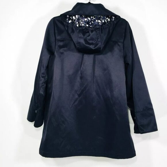 Dennis Basso Sz XS Front Zip Rain Jacket Navy Satin Anorak Removable Hood - Picture 10 of 12